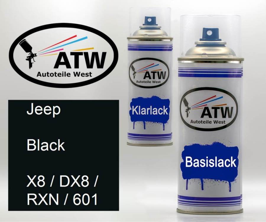 Jeep, Black, X8 / DX8 / RXN / 601: 400ml Sprühdose + 400ml Klarlack - Set, von ATW Autoteile West.